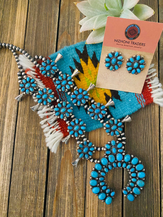 Navajo Sleeping Beauty Turquoise & Sterling Silver Squash Blossom Necklace Set