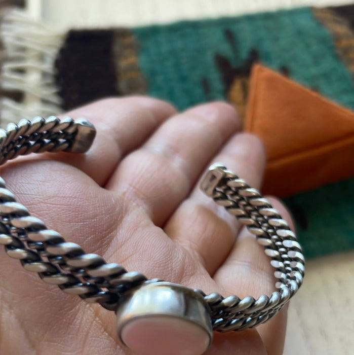 Navajo Pink Conch & Sterling Silver Adjustable Oval Cuff Bracelet