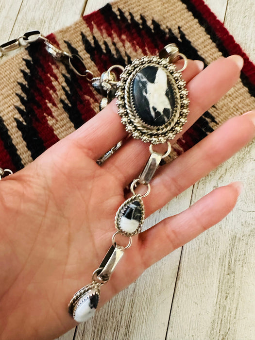 Navajo White Buffalo And Sterling Silver Lariat Necklace Signed