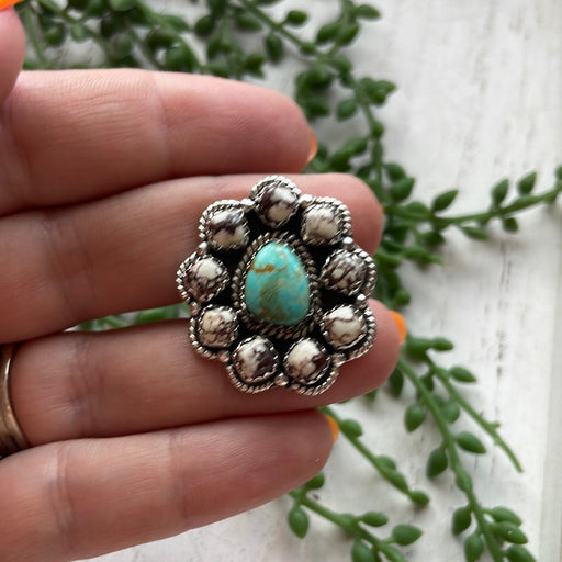 Nizhoni Handmade Turquoise, Wild Horse & Sterling Silver Adjustable Flower Ring - Culture Kraze Marketplace.com