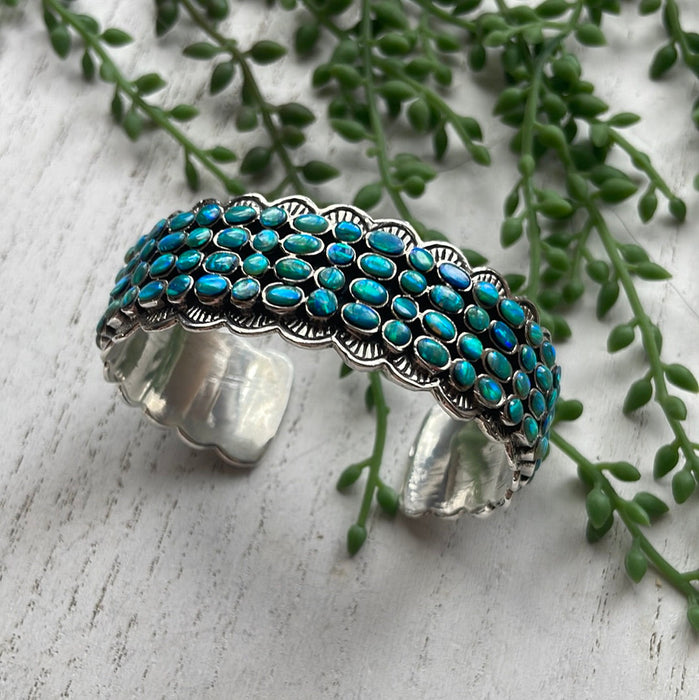“The 4 Row Cuff” Sterling Silver Blue Fire Opal Cuff Bracelet