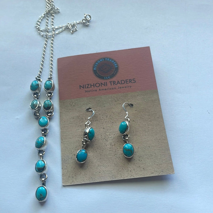 Navajo Sterling And Turquoise Drop Necklace And Earrings Set