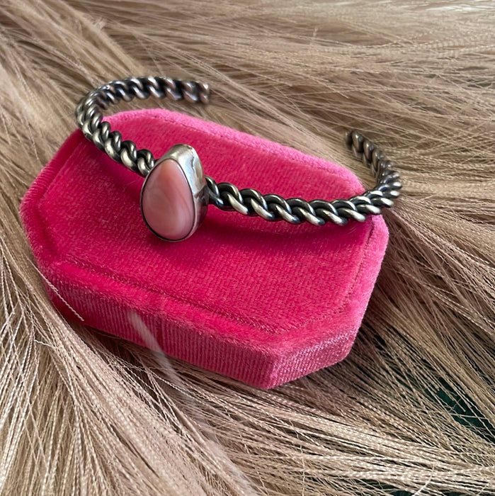 Navajo Tear Drop Pink Conch & Sterling Silver Adjustable Cuff Bracelet