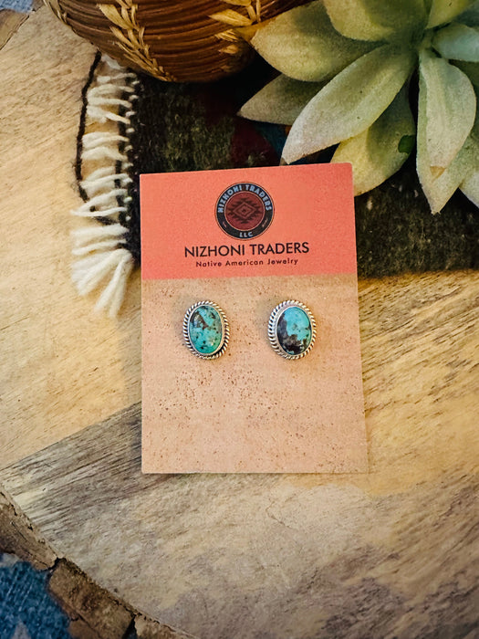 Navajo Kingman Turquoise  Sterling Silver Stud Earrings Signed - Culture Kraze Marketplace.com