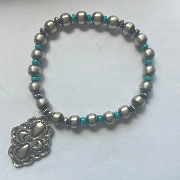 Navajo Sterling Silver Turquoise Beaded Stretch Charm Bracelet