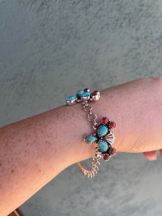 “The Prickly Bracelet” Handmade Sterling Silver, Turquoise & Coral Cactus Bracelet