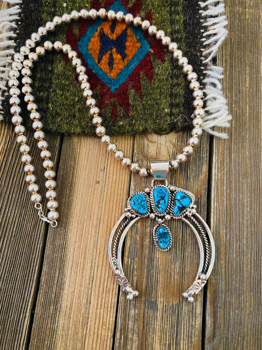 Navajo Sterling Silver & Kingman Turquoise Beaded Naja Necklace - Culture Kraze Marketplace.com