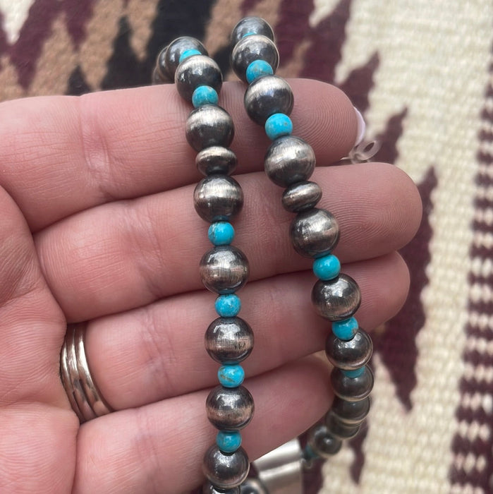Navajo Sterling Silver & Turquoise Beaded Necklace With Pendant Signed Kathleen G - Culture Kraze Marketplace.com