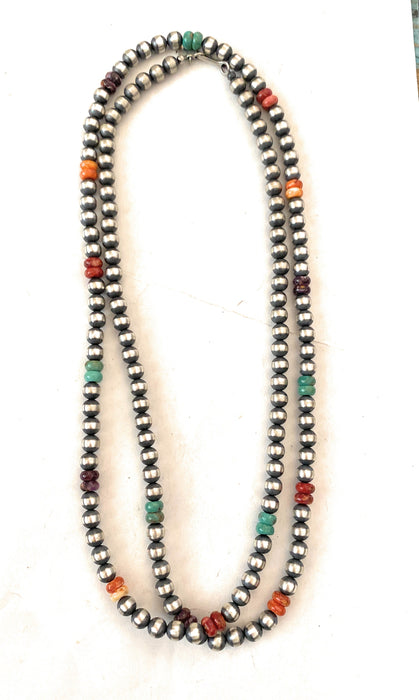 Navajo Multi Stone & Sterling Silver Pearl Beaded 36” Necklace