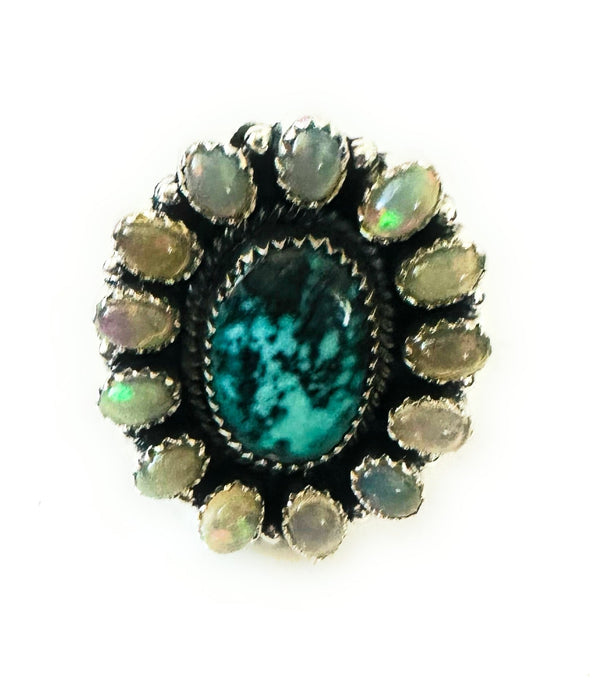 Handmade Sterling Silver Turquoise & Opal Cluster Adjustable Ring - Culture Kraze Marketplace.com