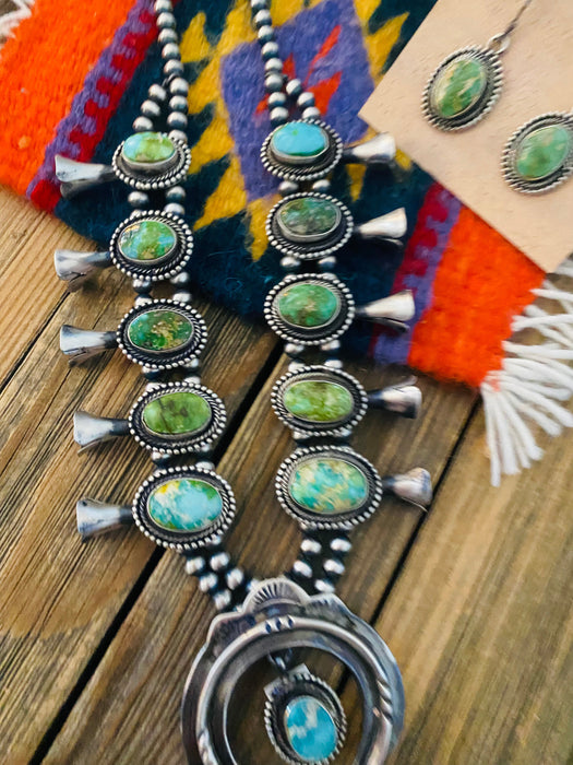Navajo Sonoran Gold Turquoise & Sterling Silver Squash Blossom Necklace Set - Culture Kraze Marketplace.com