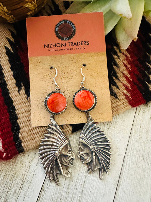 Navajo Spiny & Sterling Silver Indian Head Dangle Earrings - Culture Kraze Marketplace.com