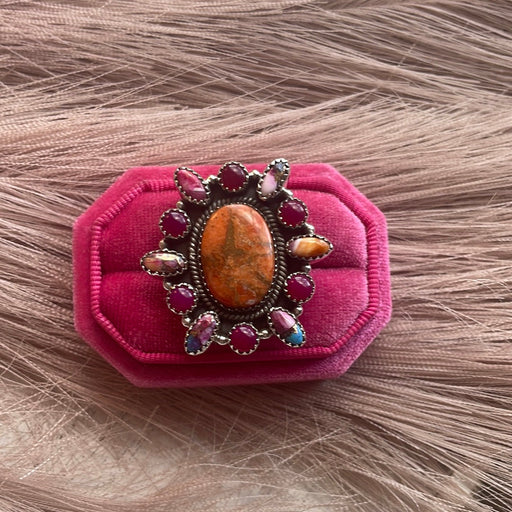 Beautiful Handmade Orange & Pink Mojave, Pink Onyx & Sterling Silver Adjustable Ring Signed Nizhoni - Culture Kraze Marketplace.com