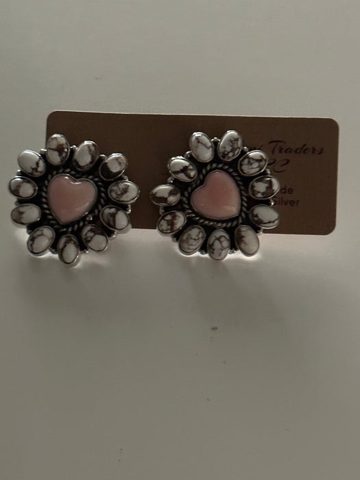 Handmade Pink Conch & Wild Horse Heart Post Earrings