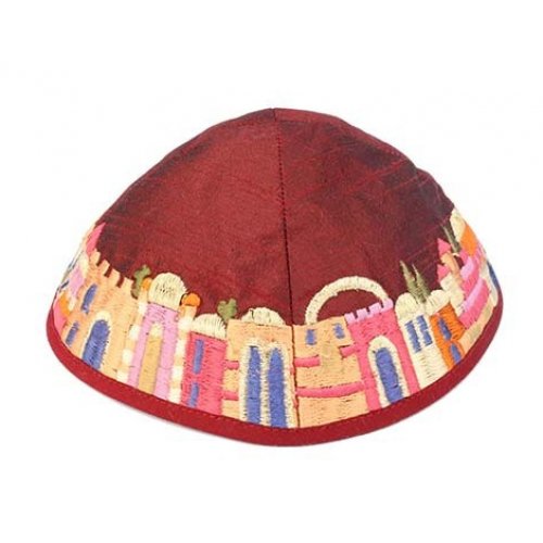 Embroidered Kippah - Jerusalem on Burgundy by Emanuel - Culture Kraze Marketplace.com