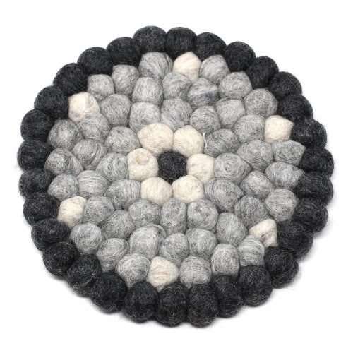 Hand Crafted Felt Ball Trivets from Nepal: Round Flower Design, Black/Grey - Global Groove (T) - Culture Kraze Marketplace.com