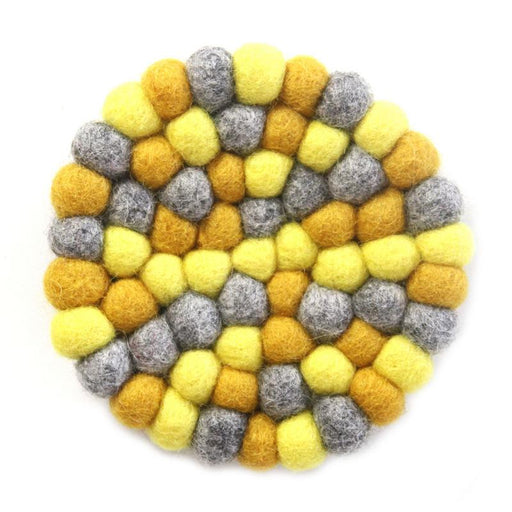 Hand Crafted Felt Ball Coasters from Nepal: 4-pack, Chakra Yellows - Global Groove (T) - Culture Kraze Marketplace.com