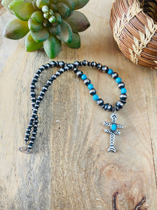 Sterling Silver Navajo Pearl & Turquoise Beaded Cross Necklace - Culture Kraze Marketplace.com