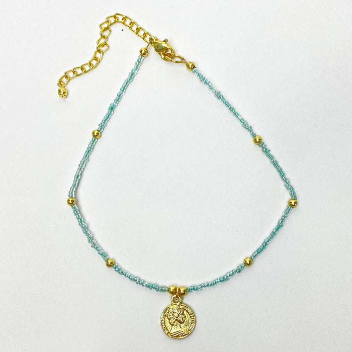 Baby blue Glass Bead with Brass Coin Pendant Necklace Choker - Culture Kraze Marketplace.com