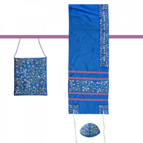 Yair Emanuel Embroidered Royal Blue Polysilk TalliSack Tallit Set - Flowers - Culture Kraze Marketplace.com