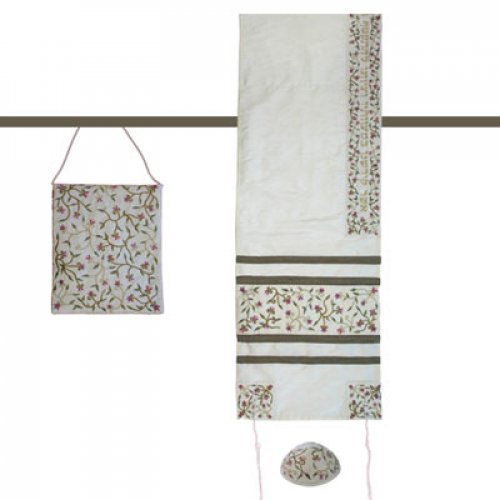 Yair Emanuel Embroidered White Polysilk TalliSack Tallit Set - Flowers - Culture Kraze Marketplace.com