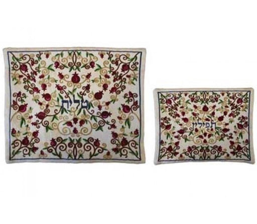 Yair Emanuel White Embroidered Tallit and Tefillin Bag – Red Pomegranate Vines - Culture Kraze Marketplace.com