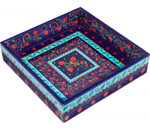 Yair Emanuel Hand Painted Wood Matzah Tray Pomegranates - Red and Blue - Culture Kraze Marketplace.com
