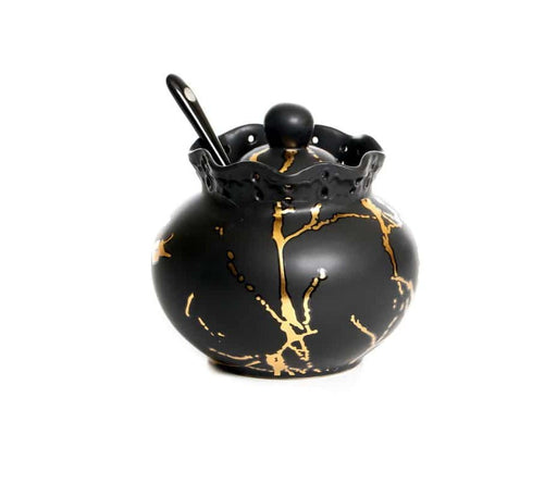 Pomegranate Ceramic Honey Dish with Lid and Spoon - Black with Gold Streaks - Culture Kraze Marketplace.com