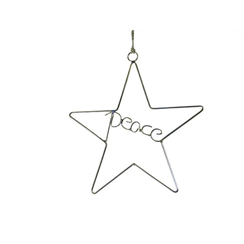<center>Recycled Wire Peace Star Ornament</br>Measures 5-1/4" width - Handmade in India</center>