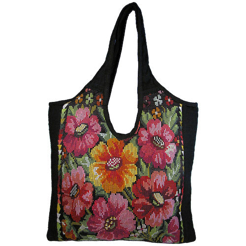 <center>Small Huipil Handbag w/ Magnetic Clasp - Floral Pattern <br>Measures: 14" high x 13" wide</center>