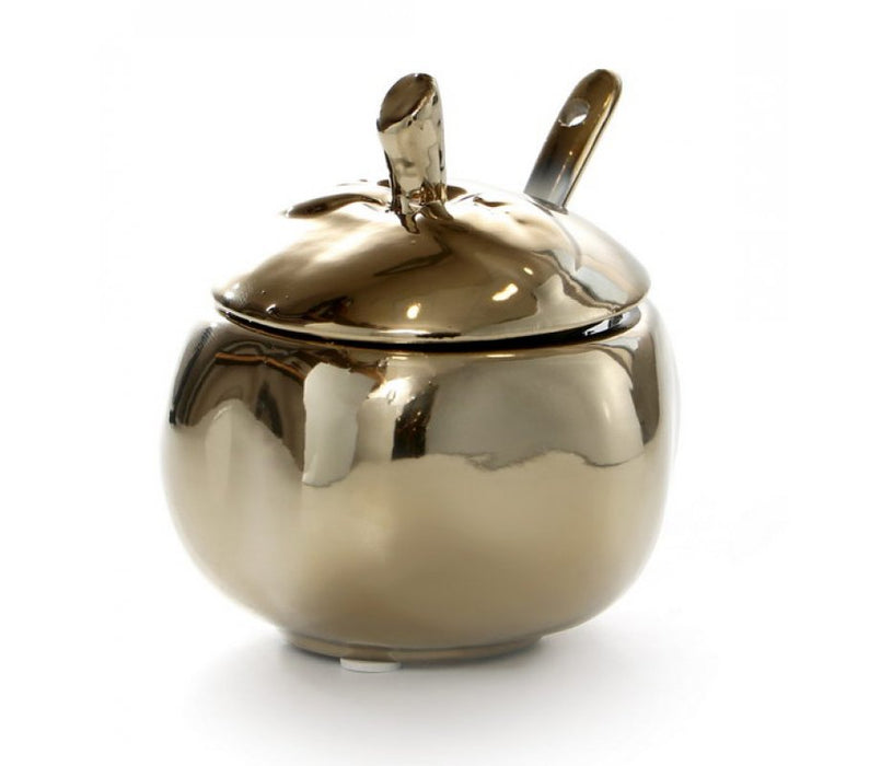 Apple Shape Rosh Hashanah Honey Dish with Cover and Spoon, Ceramic - Gold - Culture Kraze Marketplace.com