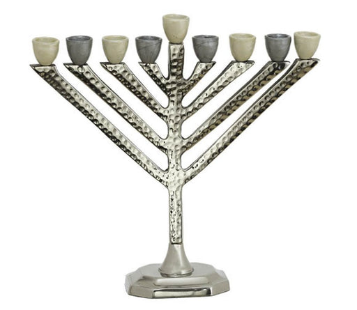 Chabad Lubavitch Hammered Aluminum Chanukah Menorah - Gray and Cream Holders - Culture Kraze Marketplace.com