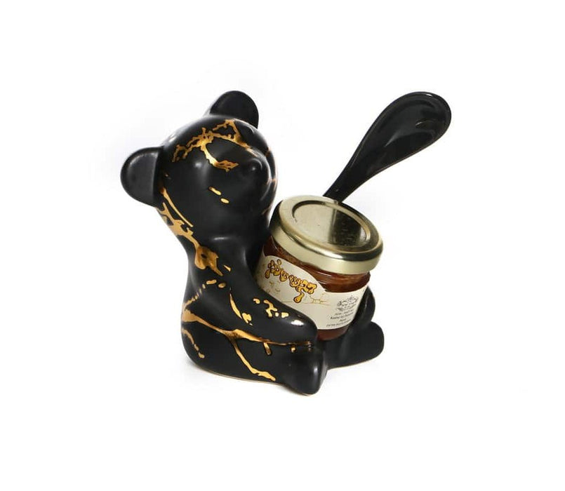 Rosh Hashanah Ceramic Honey Dish, Bear with Honey and Spoon - Black and Gold - Culture Kraze Marketplace.com