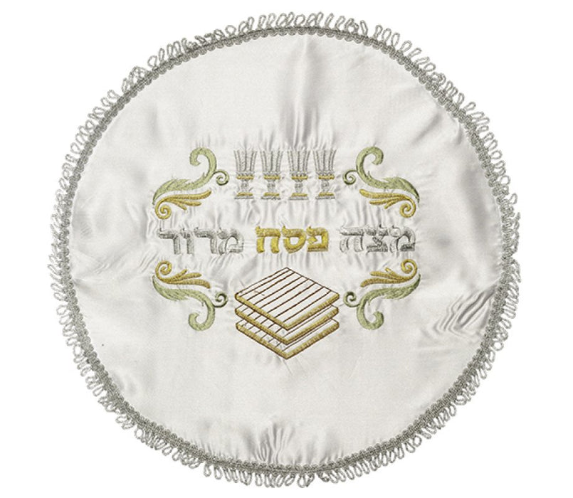 White Satin Passover Matzah Cover, Embroidered Seder Design - Silver and Gold - Culture Kraze Marketplace.com