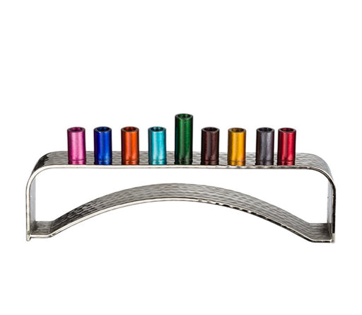 Hammered Aluminum Curved Chanukah Menorah - Colorful Candle Holders - Culture Kraze Marketplace.com