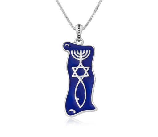 Sterling Silver Pendant Necklace, Blue Enamel - Menorah Star and Fish Symbol - Culture Kraze Marketplace.com