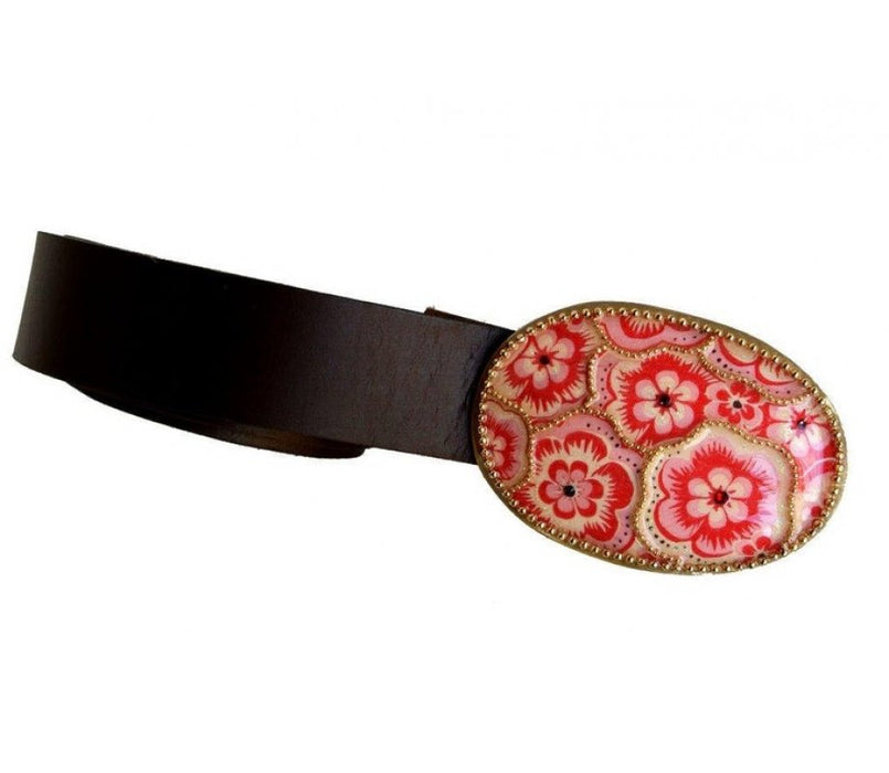 Woman's Belt with Oval Pink Flower Design Buckle by Iris Design - Culture Kraze Marketplace.com