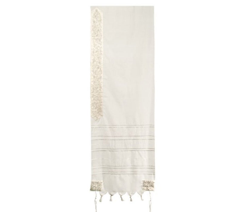 Yair Emanuel Wool Tallit, Stripes and Embroidered Pomegranates - Silver - Culture Kraze Marketplace.com