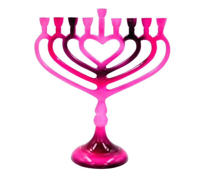 Pink Chanukah Menorah on Stem with Heart Outline - For Candles - Culture Kraze Marketplace.com