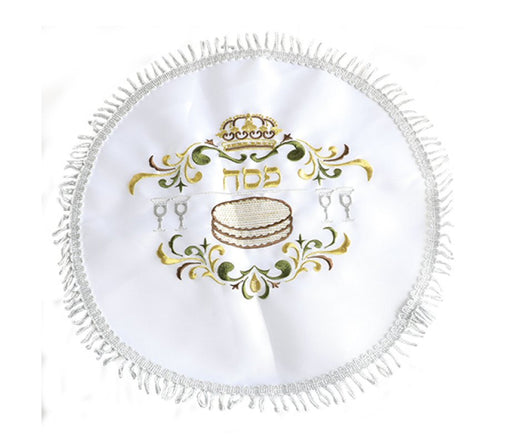 White Satin Passover Matzah Cover with Embroidered Gold Pesach Design - Culture Kraze Marketplace.com
