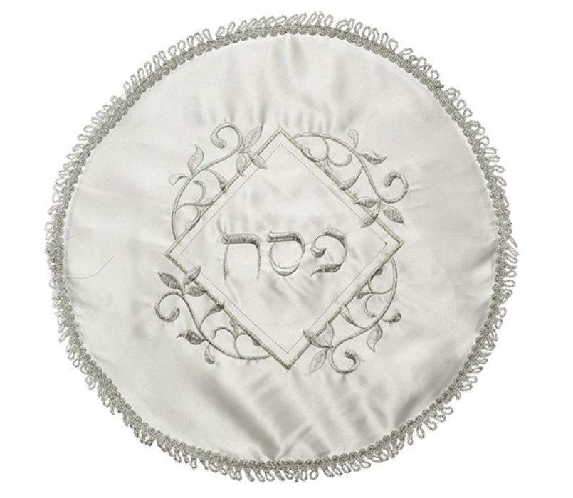 White Satin Passover Matzah Cover with Embroidered Ornate Flower Design - Silver - Culture Kraze Marketplace.com