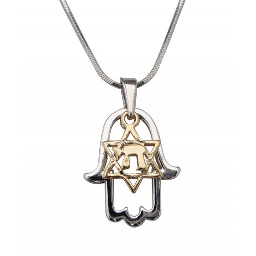 Rhodium Pendant Necklace - Hamsa with Gold Star of David and Chai - Culture Kraze Marketplace.com