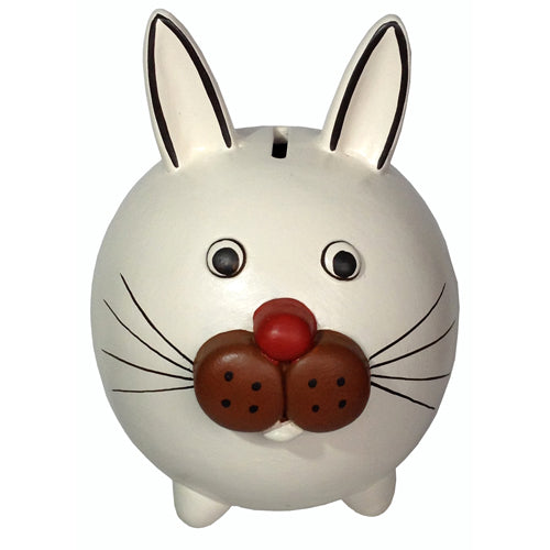 <center>White Rabbit Bank, crafted by Artisans in Peru </br> Measures 5 1/2” high x 4 3/8” wide x 5 1/4” deep</center> 