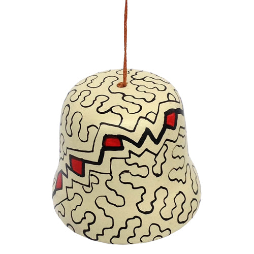 <center>Ceramic Shipibo Bell Ornament  crafted by Artisans in Peru </br> Measures 2 3/4” high x 2 7/8” wide</br>clay clapper</center>