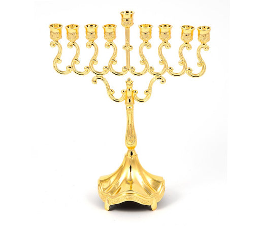 Gold Chanukah Menorah on Stem, Scroll Design - 8 Inches Height - Culture Kraze Marketplace.com