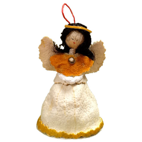 <center>Orange Piel Angel Ornament<br>handmade in Ecuador by artisans at Camari<br>Angel Measures 3 5/8" tall x 2 1/2" wide x 1 3/4" diameter<center/>