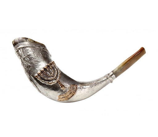Sterling Silver Ram's Horn Shofar - Seven Branch Menorah Decoration - Culture Kraze Marketplace.com