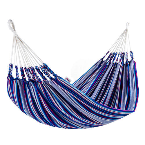 <center>Blue Double Hammock Woven of 50% Cotton and 50% Acrylic </br> Cloth Measures 63" x 94"</br>Fair Trade and imported from Ecuador</center>