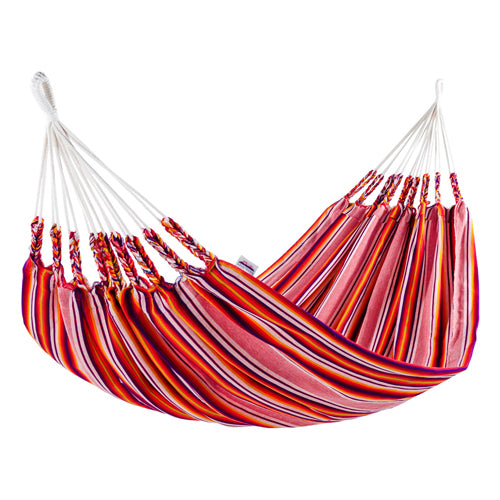 <center>Pink, Orange Double Hammock Woven of 50% Cotton and 50% Acrylic </br> Cloth Measures 63" x 94"</br>Fair Trade and imported from Ecuador</center>