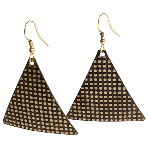 <center>Gold and Black Textured Triangle Earrings</br>Crafted by Artisans in India</br>Measure 1 7/8” long x 1 3/8” wide, with gold hooks</center>